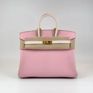 c2026061129-hermes-birkin-25-cherve Pre-Owned/ Pre-Loved/ Second-Hand Hermes Birkin 25 Cherve, Bag in Sakura Pink, Nata, Brush Gold Color, 25 Size, Front View