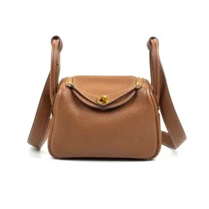Pre-Owned/ Pre-Loved/ Second-Hand Hermes Mini Lindy I Clemence, Bag in Gold, Gold Hardware Color, Longer strap Size, Front View