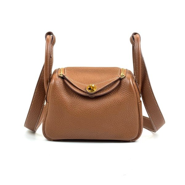 c2026061144-hermes-mini-lindy-i-clemence Pre-Owned/ Pre-Loved/ Second-Hand Hermes Mini Lindy I Clemence, Bag in Gold, Gold Hardware Color, Longer strap Size, Front View