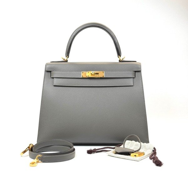 c2026061173-hermes-kelly-28-epsom Pre-Owned/ Pre-Loved/ Second-Hand Hermes Kelly 28 Epsom, Bag in Gris Meyer, Gold Hardware Color, 28 Size, Front View