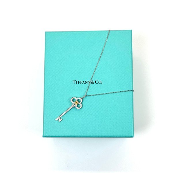 c2026081172-tiffany-co-diamond-crown-key-necklace-platinum-pt950-includes-chain Pre-Owned/ Pre-Loved/ Second-Hand Tiffany & Co. Diamond Crown Key Necklace Platinum PT950 (Includes Chain), Necklace in Platinum, Yellow Diamond Color, 1.5 inch pendant, chain is separate purchase Size, Front View