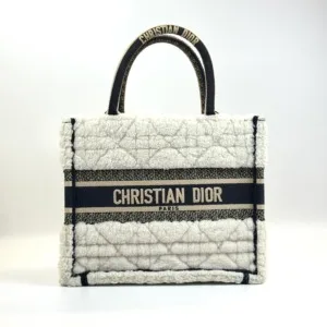 Pre-Owned/ Pre-Loved/ Second-Hand Dior Book Tote Small Sherling Fur, Bag in White Navy Color,  Size, Front View