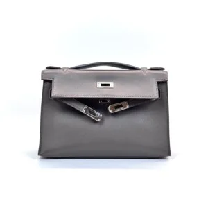 Pre-Owned/ Pre-Loved/ Second-Hand Hermes Kelly Pochette Mini Kelly I Evercolor, Bag in Etain, Palladium Hardware Color, 22 x 13 x 7 cm Size, Front View