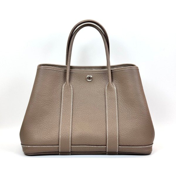 b2026061202-hermes-garden-party-30-negonda Pre-Owned/ Pre-Loved/ Second-Hand Hermes Garden Party 30 Negonda , Bag in Etoupe, Palladium Hardware Color, 30 Size, Front View