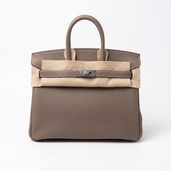 Pre-Owned/ Pre-Loved/ Second-Hand Hermes Birkin 25 Togo, Bag in Etoupe, Palladium Hardware Color, 25 Size, Front View