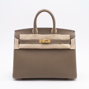 Pre-Owned/ Pre-Loved/ Second-Hand Hermes Sellier Birkin 25 Epsom, Bag in Etoupe, Palladium Hardware Color, 25 Size, Front View
