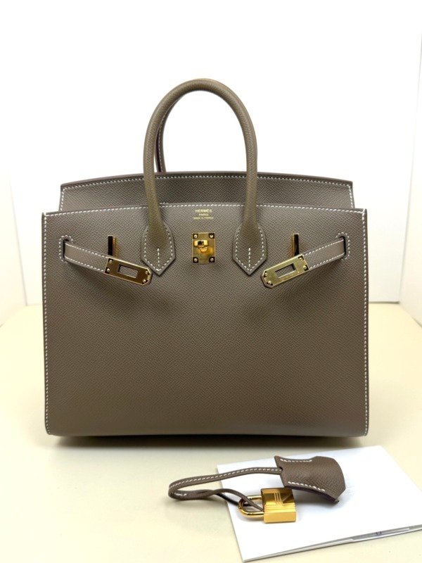 Pre-Owned/ Pre-Loved/ Second-Hand Hermes Sellier Birkin 25 Epsom, Bag in Etoupe, Palladium Hardware Color, 25 Size, Front View