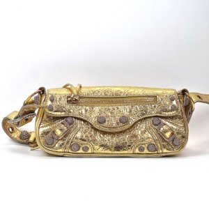 c2026121184-balenciaga-le-cagole-xs-sling-bag-with-rhinestones Pre-Owned/ Pre-Loved/ Second-Hand Balenciaga Le Cagole XS Sling Bag with Rhinestones, Bag in Metallic Gold with Crystals Color, 23 x 10 x 4 cm Size, Front View