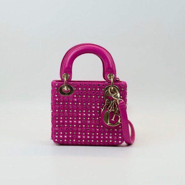 c2026131183-dior-crystal-embellished-micro-lady-dior-limited-edition Pre-Owned/ Pre-Loved/ Second-Hand Dior Crystal Embellished Micro Lady Dior (Limited Edition) , Bag in Pink, Gold Hardware Color, Micro Size, Front View